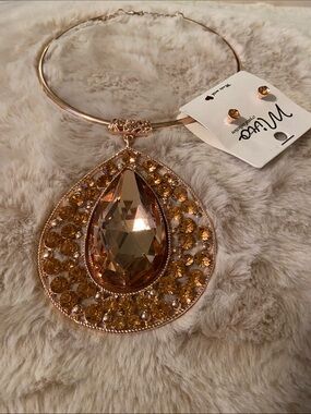 Rose-Gold-Tone Teardrop Pendant Necklace with Amber Crystal matching earrings
